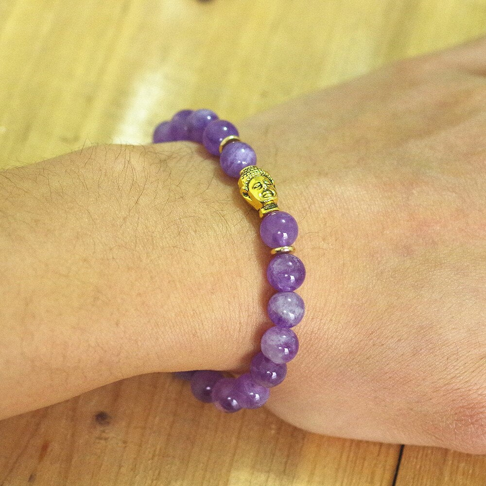 Women Men Beaded Strand Bracelet Natural Stone Handmade Jewelry Buddha Head Chakra Mala Bracelet Purple