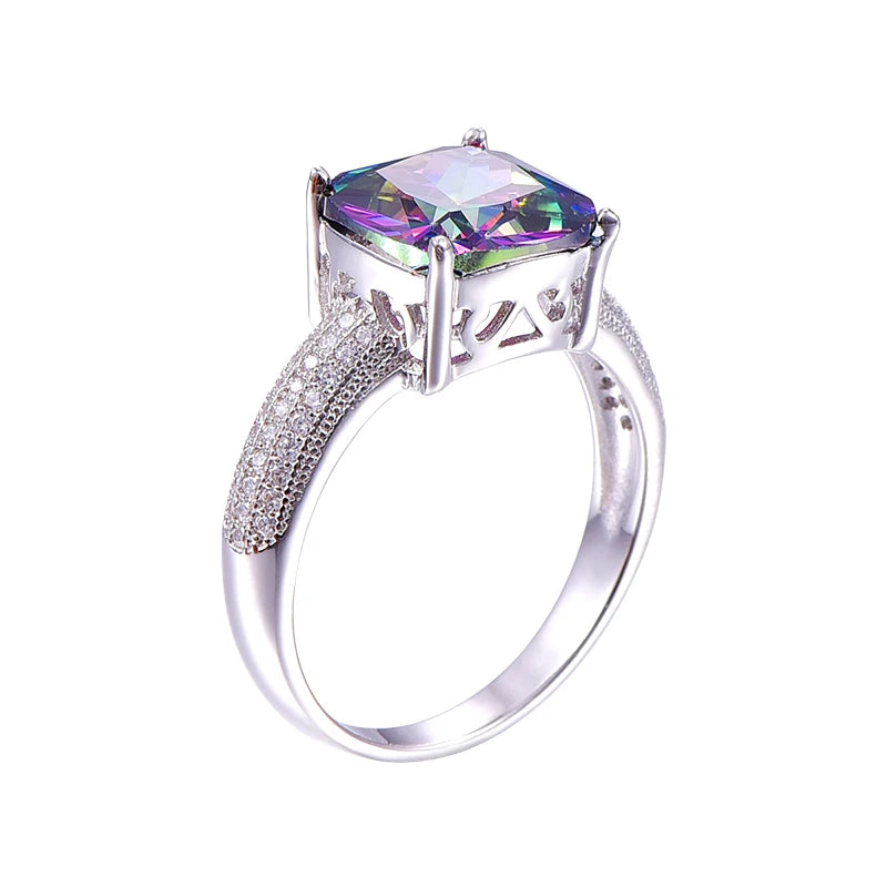 BONLAVIE Luxury 7.3ct Rainbow Fire Mystic Topazs Ring With AAA Crystal S925 Sterling Silver Jewelry Charm For Women Gift