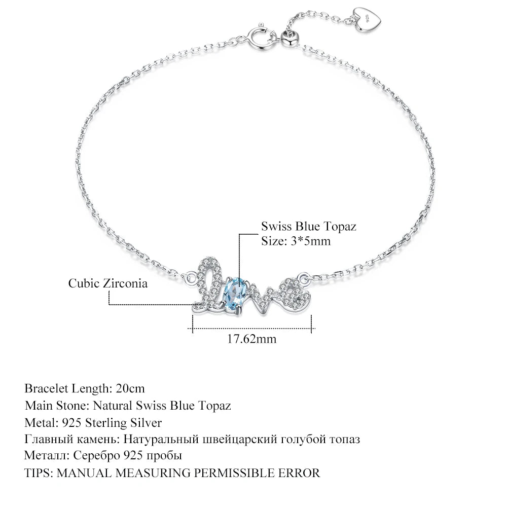 GEM'S BALLET 925 Sterling Silver Love Bracelet Natural Swiss Blue Topaz Gemstone Adjustable Bracelet For Women Fine Jewelry