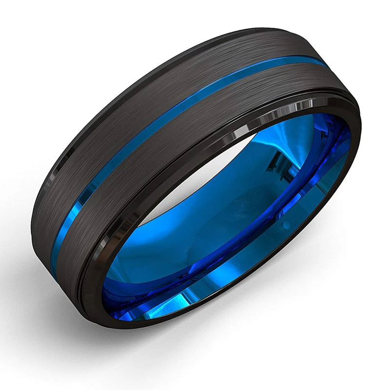 Classic Men's 8mm Black Tungsten Wedding Rings Double Groove Beveled Edge Brick Pattern Brushed Stainless Steel Rings For Men
