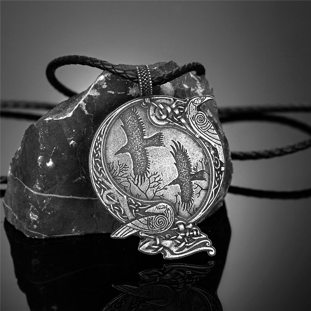 Vikings Odin&#39;s Raven Necklaces Men Norse Vegvisir Amulet Antique Bronze Metal Pendant Crow Scandinavian Punk Gothic Male Jewelry Silver Leather Rope 60CM