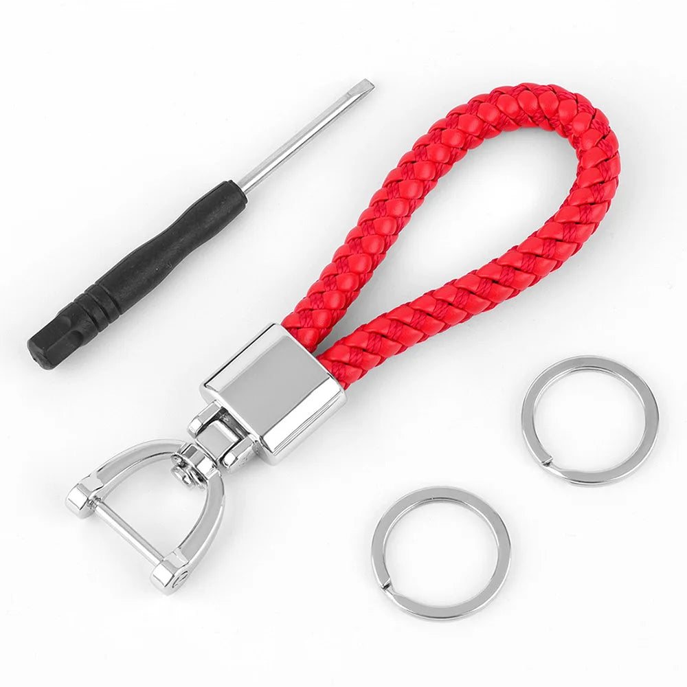 High-Grade Keychain for Men Women Rotatable Key Chain Luxury Hand Woven Leather Horseshoe Buckle Car Key Ring Holder Accessories Red-S