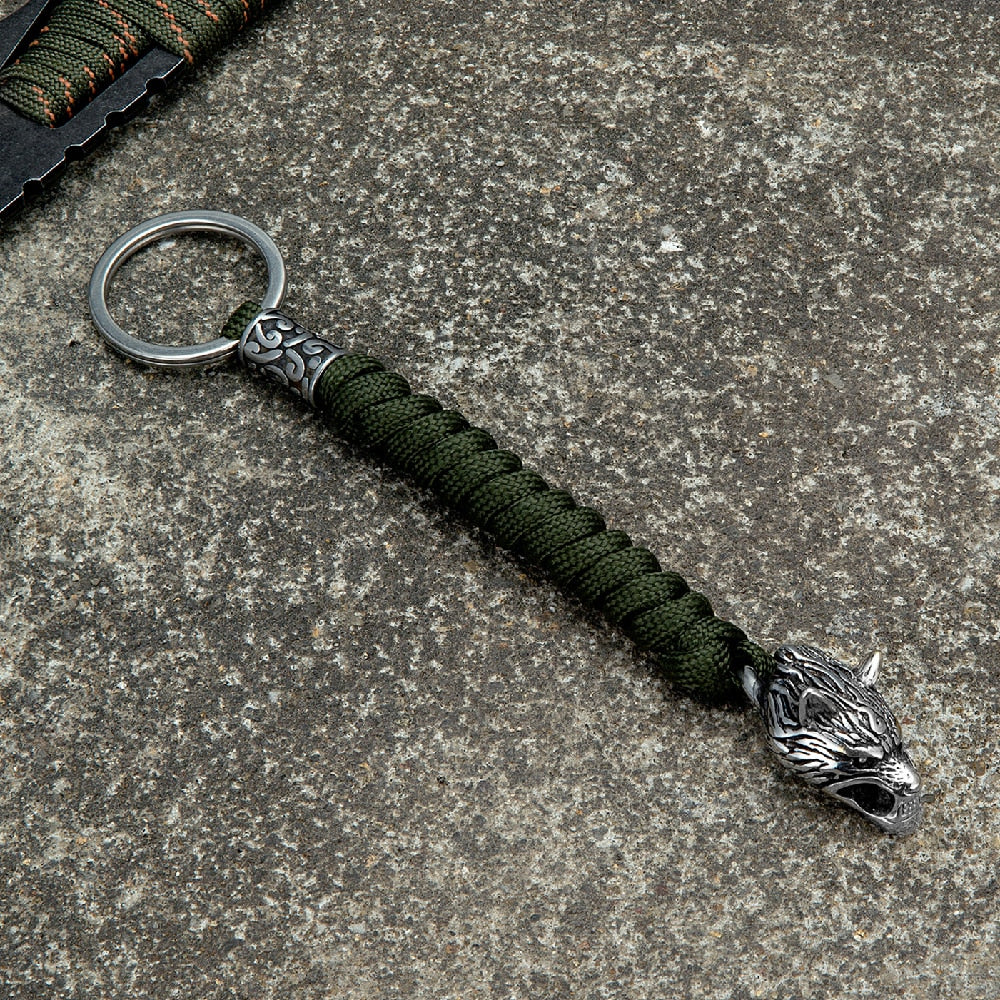 Vintage Wolf Head Keychains Vikings Pendant Stainless Steel Lanyard Rope Survival Keyring Handmade Male Backpack Key Ring Steel ArmyGreen