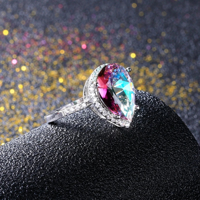 Ladies Jewelry S925 Silver Ring Mystical Rainbow Topaz Dripping Ring Wedding Jewelry Party Valentine's Day Ring Gift Wholesale