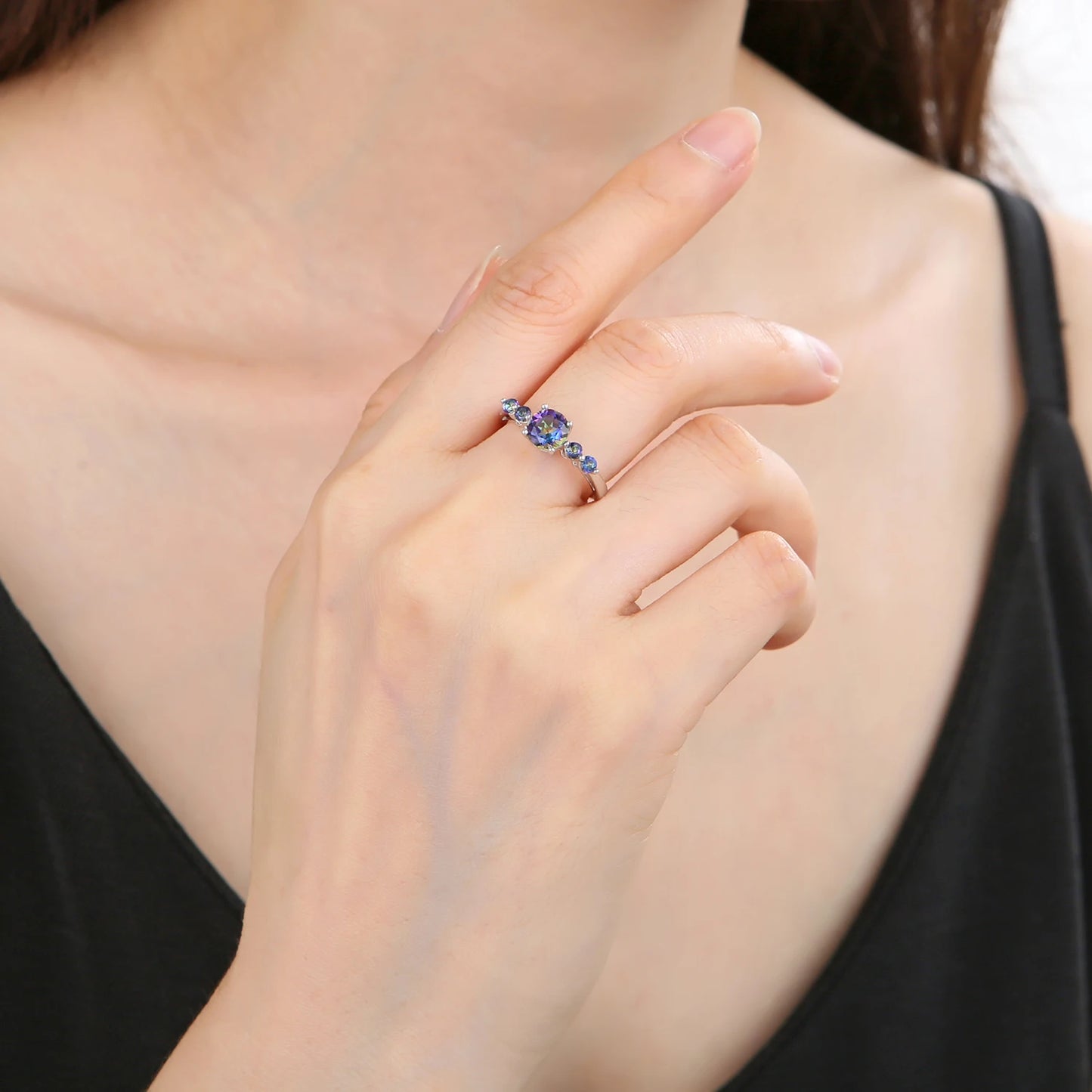 GEM'S BALLET 925 Sterling Silver Ring Natural Mystic Topaz Three Stone Birthstone Wedding Band Rings For Women Fine Jewelry