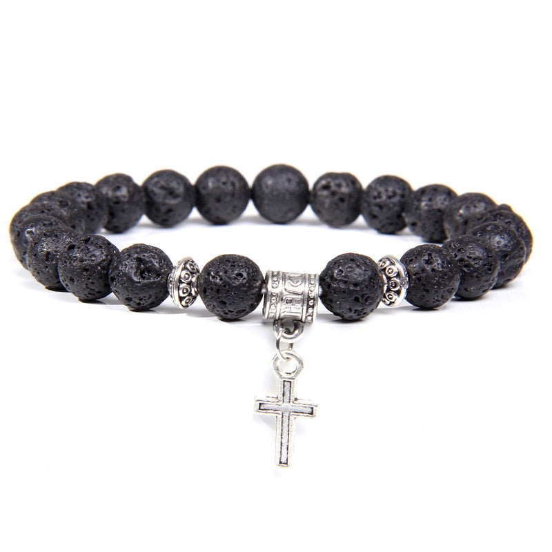 Natural Black Onyx Beads Bracelet Fashion Volcanic Lava Beaded Religion Cross Pendant Charm Bracelet for Women Men Yoga Jewelry Type 3