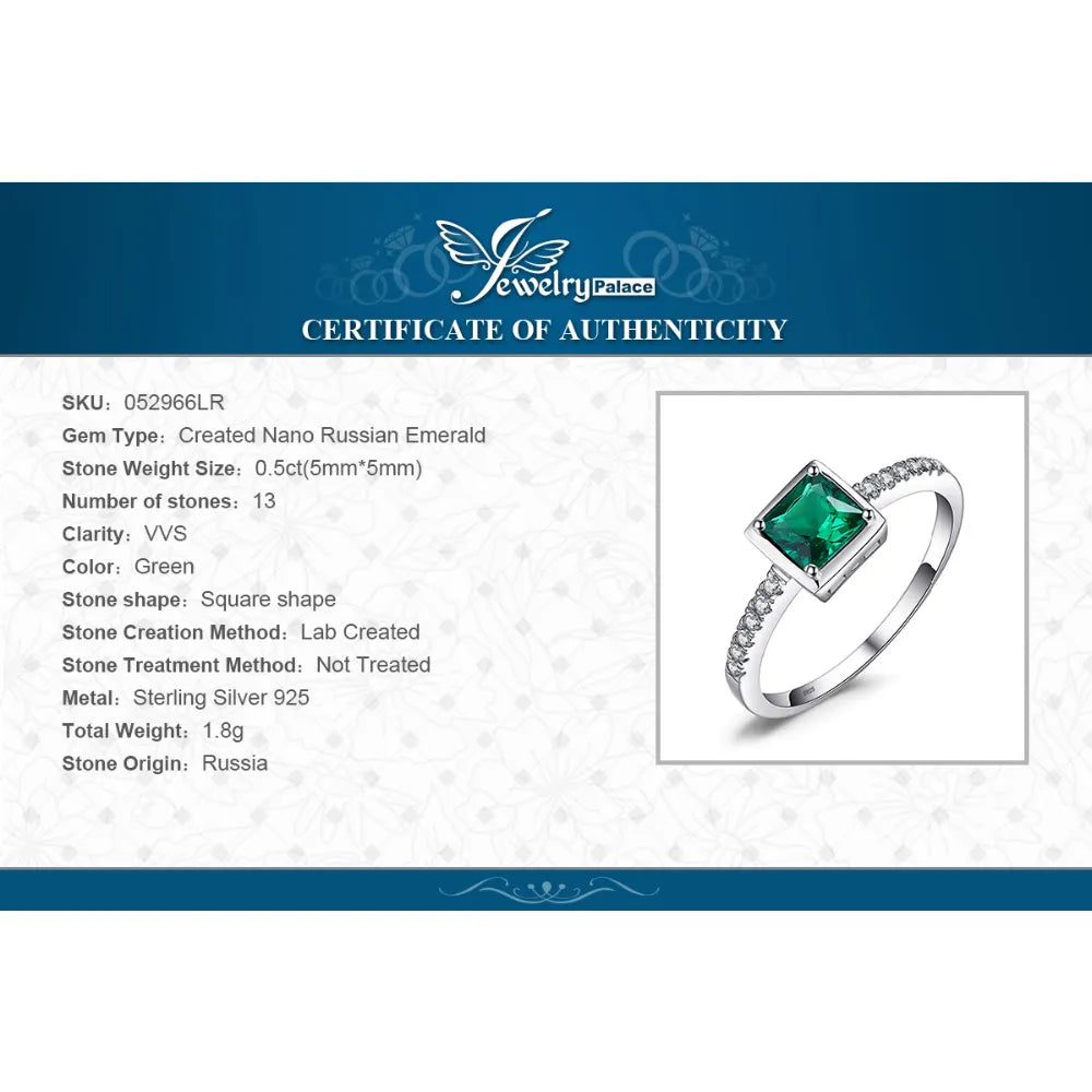 JewelryPalace Square Simulated Nano Emerald 925 Sterling Silver Ring for Women Trendy Gemstone Gift