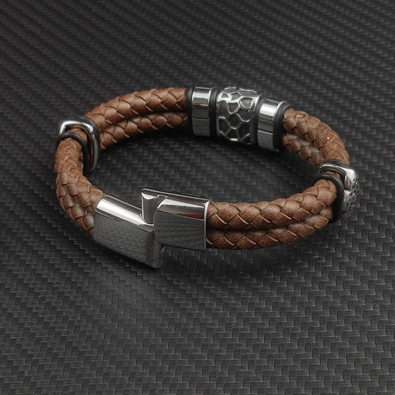 Brown Luxury 316L Stainless Steel Irregularly Cracked Man Bracelet Genuine Braided Leather Men's Jewelry Items