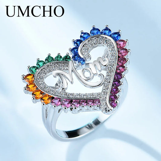 UMCHO Real 925 Sterling Silver Rings Luxury Charm Colorful Jewelry Mom Letter Rings For Women Mother's Day Gift Fine Jewelry