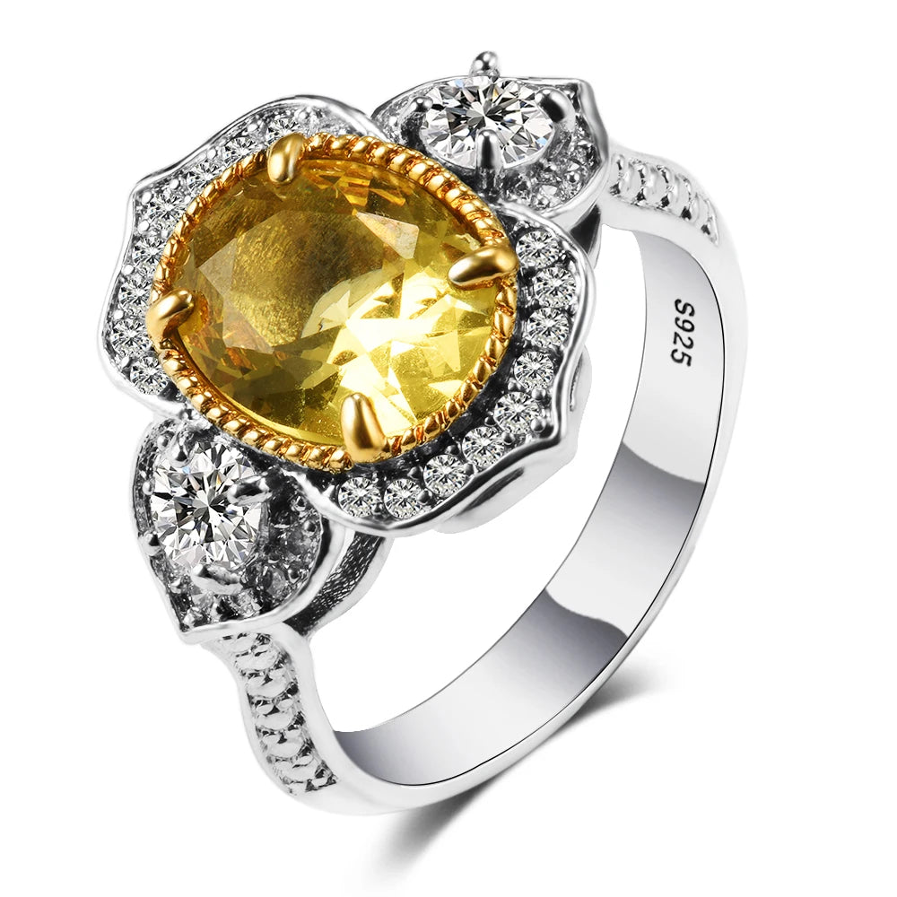 Romantic Yellow Citrine Created Gemstone 925 Sterling Sliver Ring For Women Girls Party Wedding Engagement Gift Wholesale