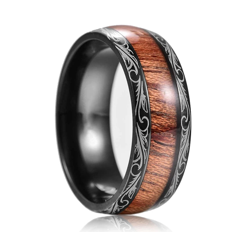 Luxury Mens 8mm Koa Wood Arrow Inlay Titanium Wedding Ring Viking Hunting Stainless Steel Engagement Ring Men Wedding Band Gift