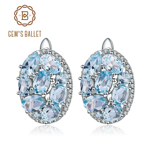 GEM'S BALLET Natural Sky Blue Topaz Pure 925 Sterling Silver Oval Clip Earrings Women Gift Vintage Luxury Fine Costume Jewelry CHINA