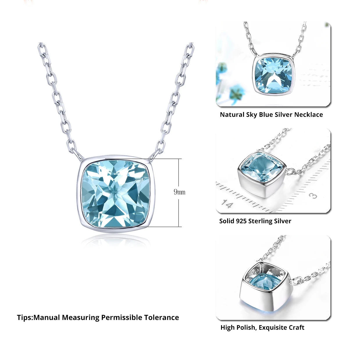 Natural Sky Blue Topaz Sterling Silver Necklace Women Exquisite Jewelry 2.7 Carats Genuine Topaz Gemstone Romantic Styles