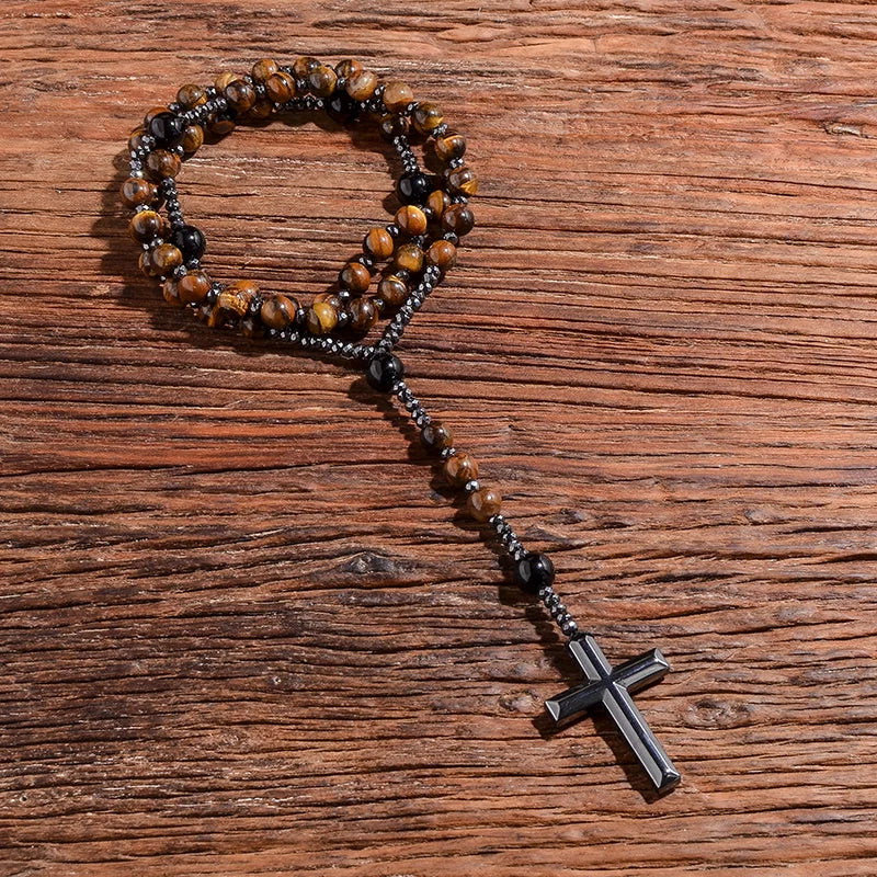Natural Yellow Tiger Eyes Black Agate Beaded Catholic Christ Cross Pendant Necklace Men and Women Rosary Meditation Jewelry