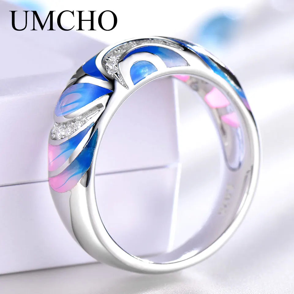 UMCHO 925 Sterling Silver Rings for Women Flower Party Fashion Jewelry Colorful Enamel Handmade Party Wedding Ring Fine Jewelry