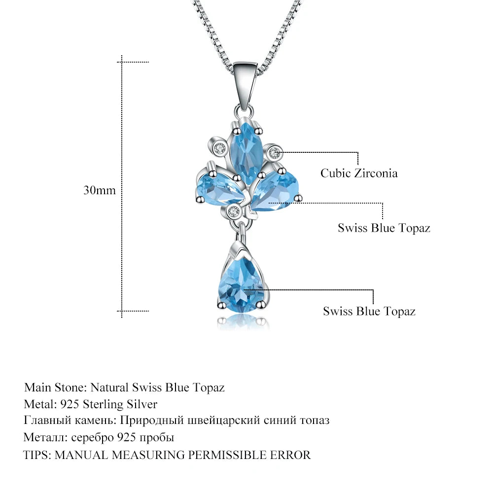 GEM'S BALLET 3.34Ct Natural Swiss Blue Topaz Gemstone Pendant 925 Sterling Silver C Necklace for Women Wedding Fine Jewelry