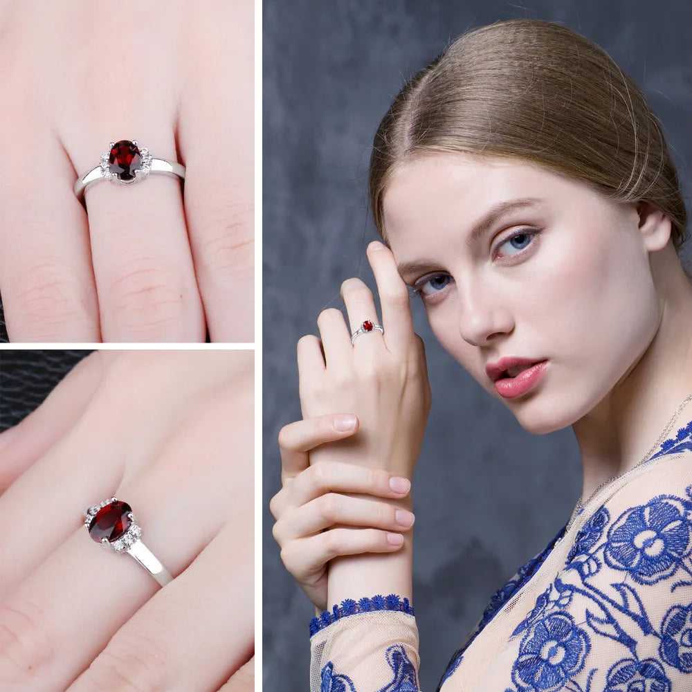 JewelryPalace Oval Red Natural Red Garnet 925 Sterling Silver Rings for Women Fashion Engagement Gemstone Birthstone Jewelry