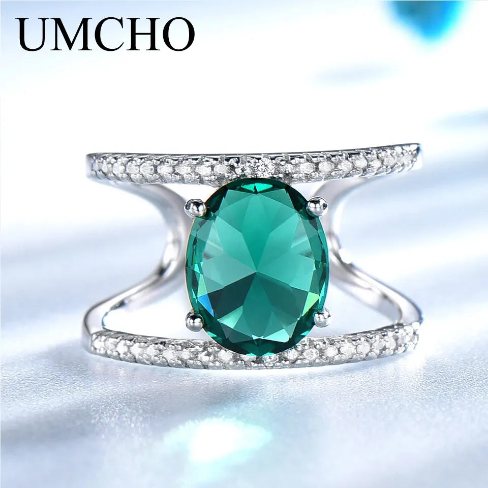 UMCHO Green Emerald Gemstone Rings For Women Solid 925 Sterling Silver Ring Silver Wedding Engagement Band Fine Jewelry Gift