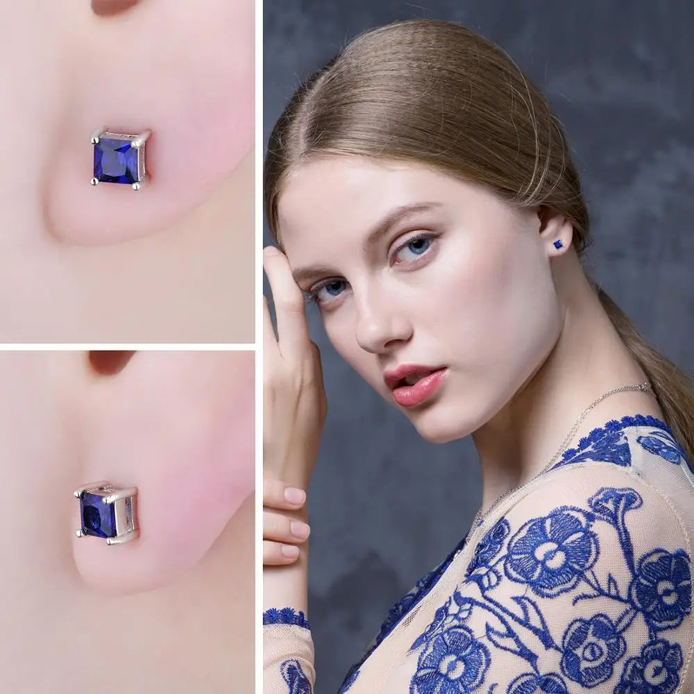 JewelryPalace Square Princess Cut Blue Created Sapphire 925 Sterling Silver Stud Earrings for Women Fashion Gemstones Earrings