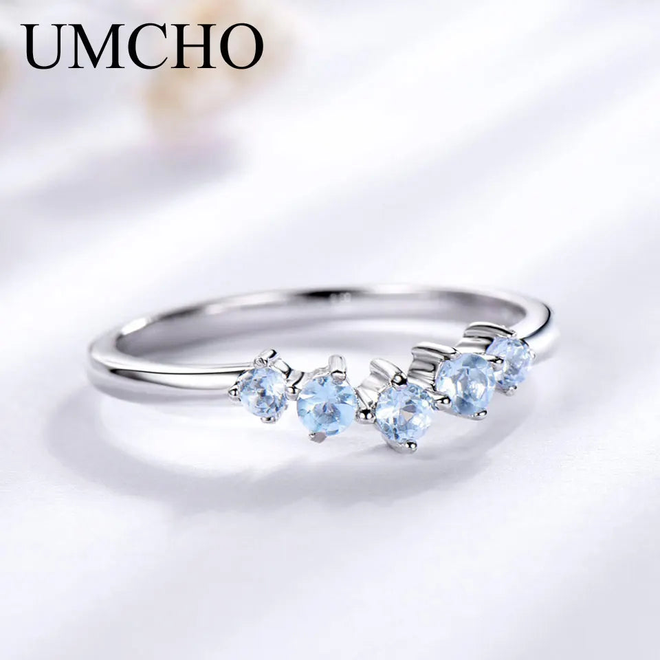 UMCHO Genuine Natural Sky Blue Topaz Ring For Women 925 Sterling Silver Engagement Wedding Stacking Ring Fine Jewelry New Gift