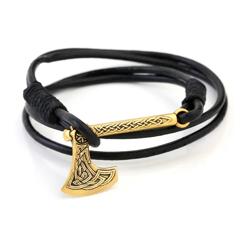 Teamer Mens Bracelet Axe Wrap Viking Bracelet for Men Leather Accessories Silver Color Hatchet Handmade Pirate Bracelet For Male gold black