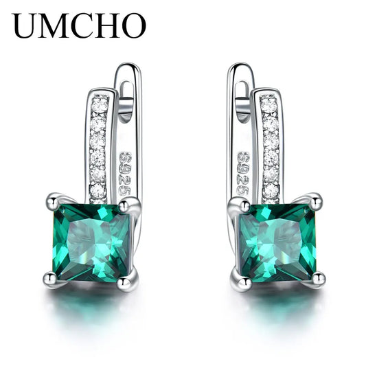UMCHO 925 Sterling Silver Clip Earrings Created Green Emerald Gemstone Fine Jewelry For Women Solid Anniversary Gifts