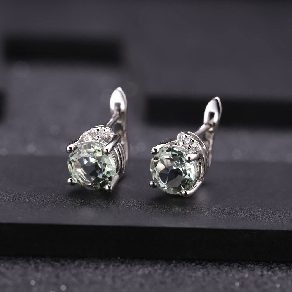 GEM&#39;S BALLET Natural Green Amethyst Round Earrings Ring Set 925 Sterling Silver Jewelry Set For Women Wedding Fine Jewelry