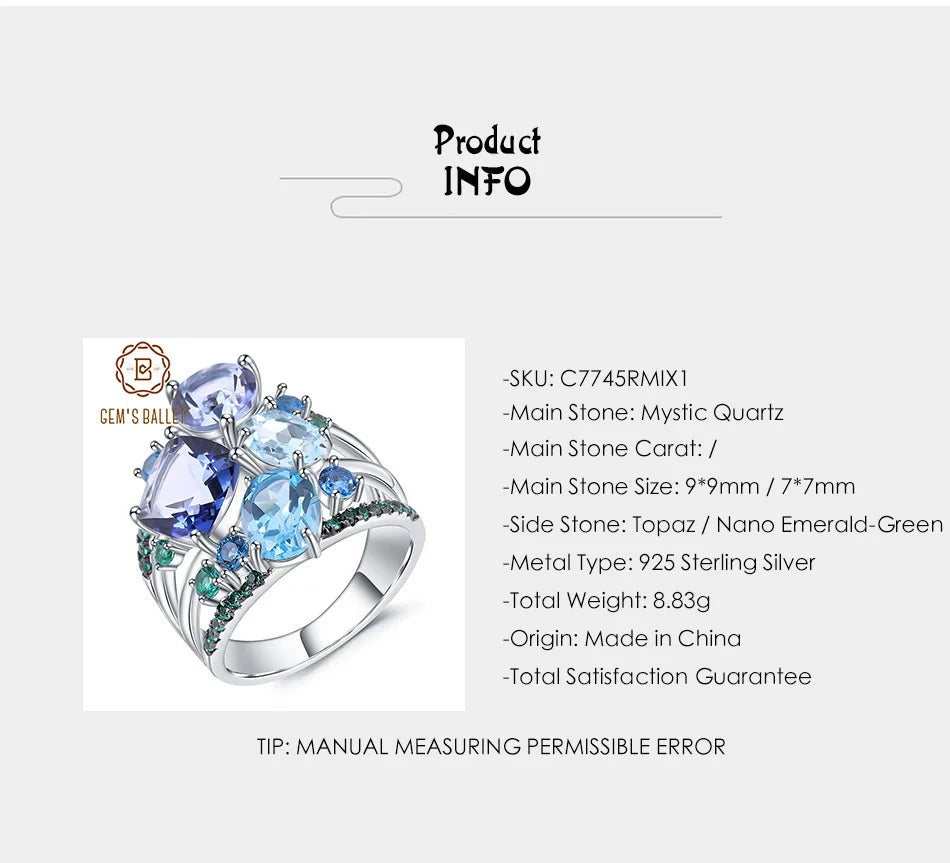Anillo de plata de ley 925 con topacio de cuarzo místico natural de GEM'S BALLET, anillos llamativos para mujer, bisutería de boda