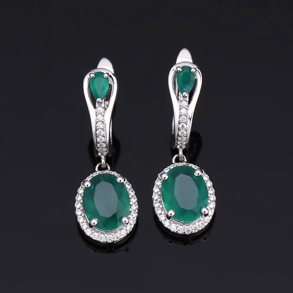 GEM&#39;S BALLET 925 Sterling Silver Vintage Earrings Ring Set Natural Oval Green Agate Jewelry Sets For Women Anniversary Jewelry