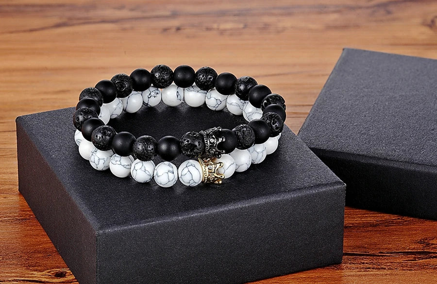 XQNI New Classic Interlocking Stitching Lava & Matte Onyx Stone with Crown Accessories Beads Bracelet Hand Jewelry For Women Men