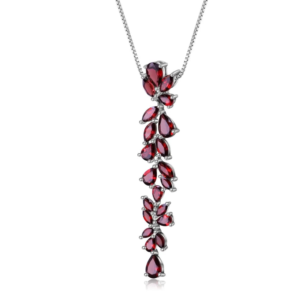 GEM'S BALLET Real 925 Sterling Sliver Romantic Leaves Pendant Necklace 14.65Ct Natural Red Garnet For Women Wedding Fine Jewelry Default Title