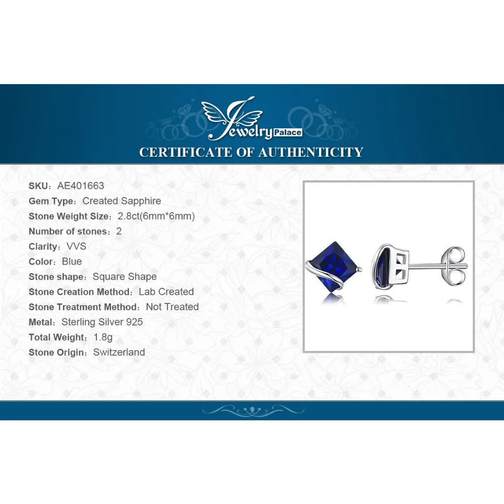 JewelryPalace Square 2.8ct Created Blue Sapphire 925 Sterling Silver Stud Earrings for Women Gemstone Fine Jewelry Birthday Gift