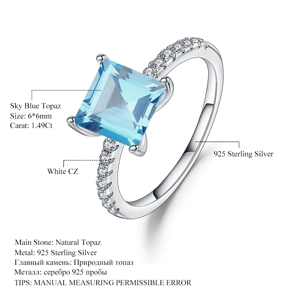 Gem's Ballet 1.49Ct Square Natural Sky Blue Topaz Gemstone Ring 925 Sterling Silver Solitaire Engagement Classic Rings For Women