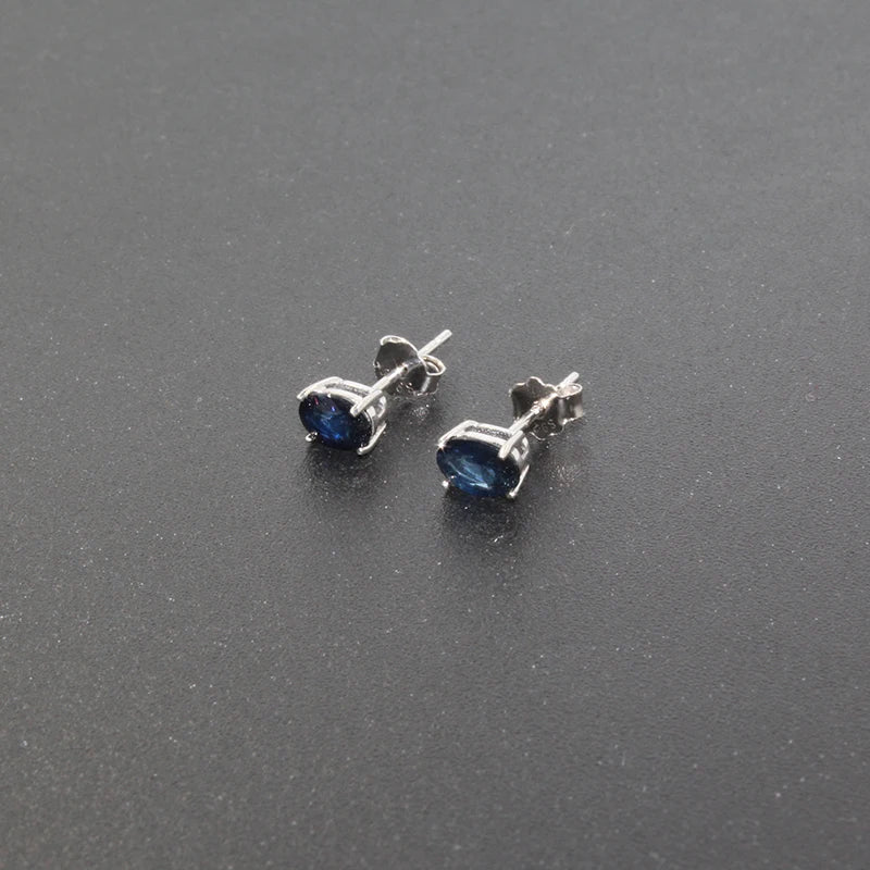 100% genuine sapphire stud earrings 4 mm* 6mm dark blue sapphire gemstone earrings simple 925 silver sapphire earrings for girl