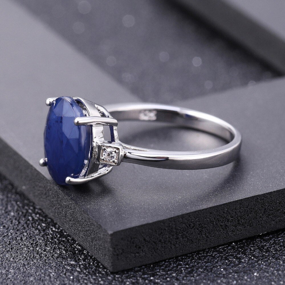 GEM&#39;S BALLET 925 Sterling Silver Simple Rings For Women Wedding 4.78Ct Oval Natural Blue Sapphire Gemstone Ring Fine Jewelry