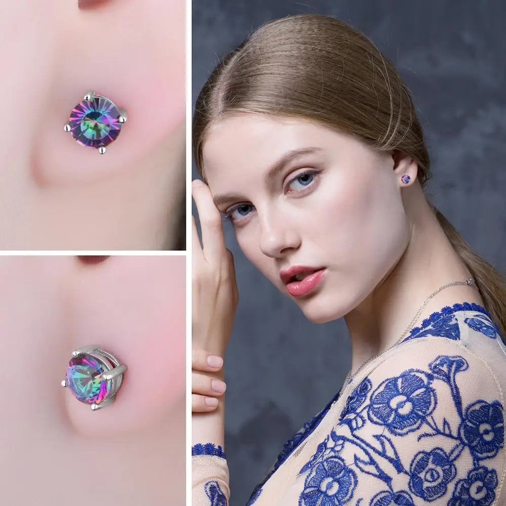 JewelryPalace Round Genuine Rainbow Mystic Quartz 925 Sterling Silver Stud Earrings  Women Fashion Statement Gemstone  Jewelry