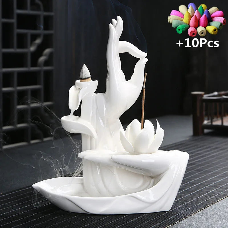 Gift 10Cones White Ceramic Incense Censer Buddha Hand Backflow Incense Burner Lotus Incense Stick Holder W-White with 10cones