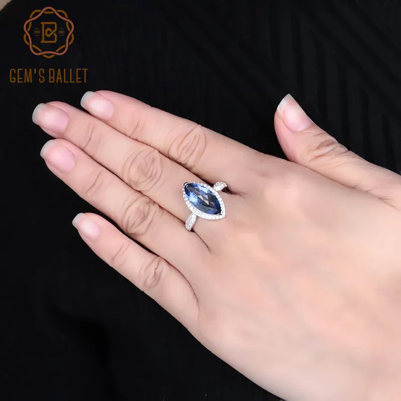 GEM'S BALLET 4.11Ct Marquise Solid Natural Iolite Blue Mystic Quartz Rings 925 Sterling Silver Fine Ring for Women Jewelry Gift