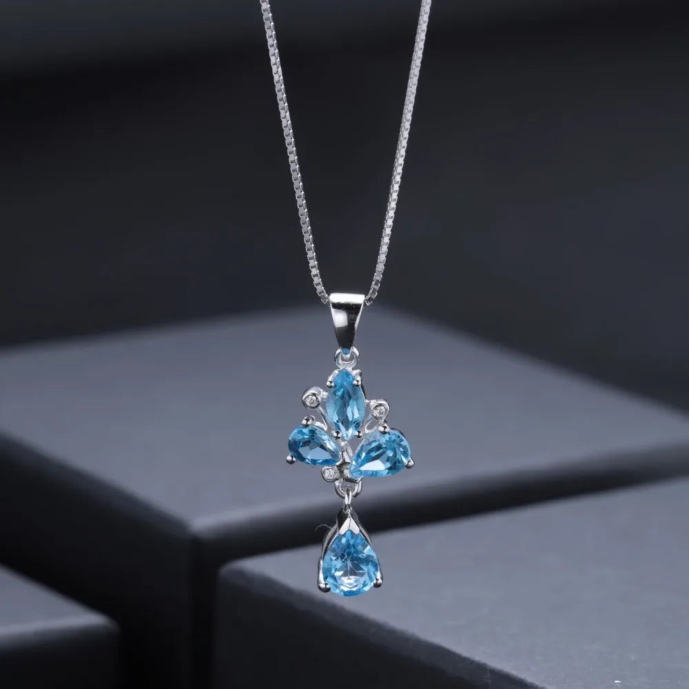 GEM'S BALLET 3.34Ct Natural Swiss Blue Topaz Gemstone Pendant 925 Sterling Silver C Necklace for Women Wedding Fine Jewelry