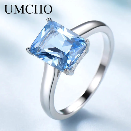 UMCHO Luxury Created Aquamarine Gemstone Rings for Women Solid 925 Sterling Silver Wedding Engagement Fine Jewelry Part Gift New