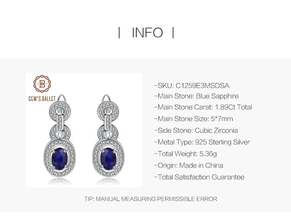 GEM'S BALLET 1.89Ct Natural Blue Sapphire Vintage Earrings 925 Sterling Silver Gemstone Drop Earrings For Women Wedding Jewelry