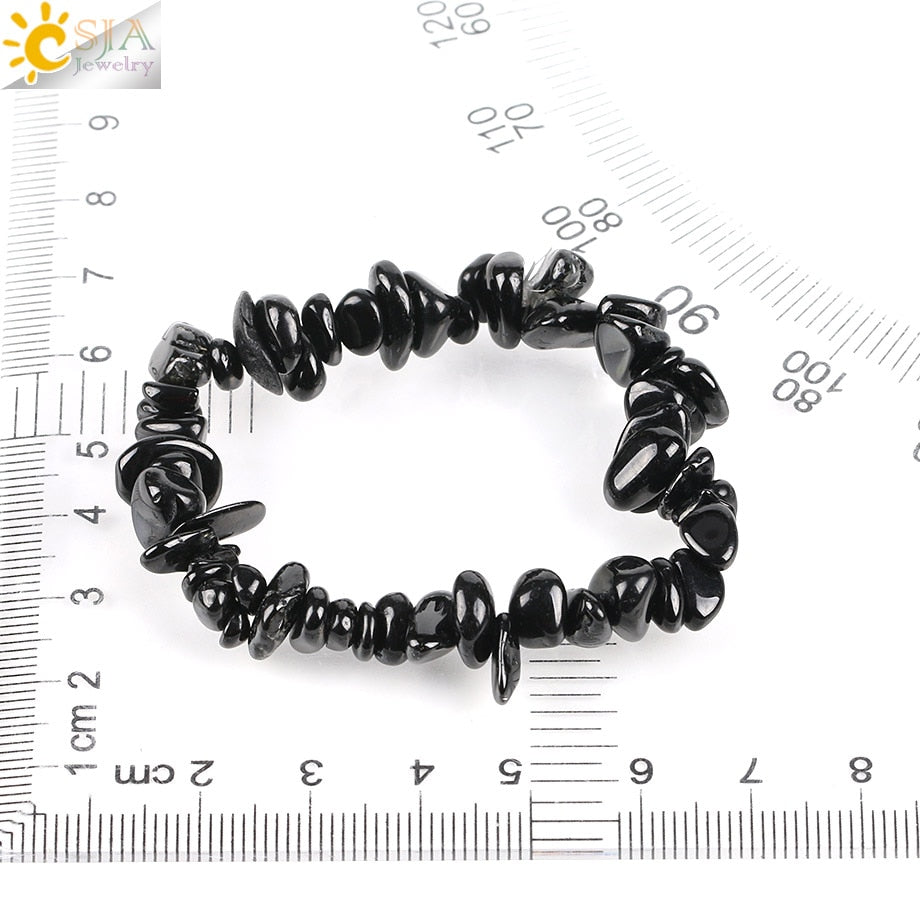 CSJA Black Tourmaline Bracelets for Women Crystal Bracelets Chip Beads Chakra Natural Gem Stone Reiki Healing Meditation E705
