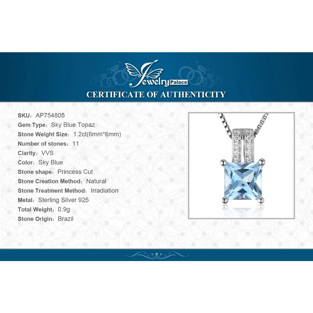 JewelryPalace 1.2ct Princess Cut Blue Topaz 925 Sterling Silver Pendant Necklace for Woman No Chain