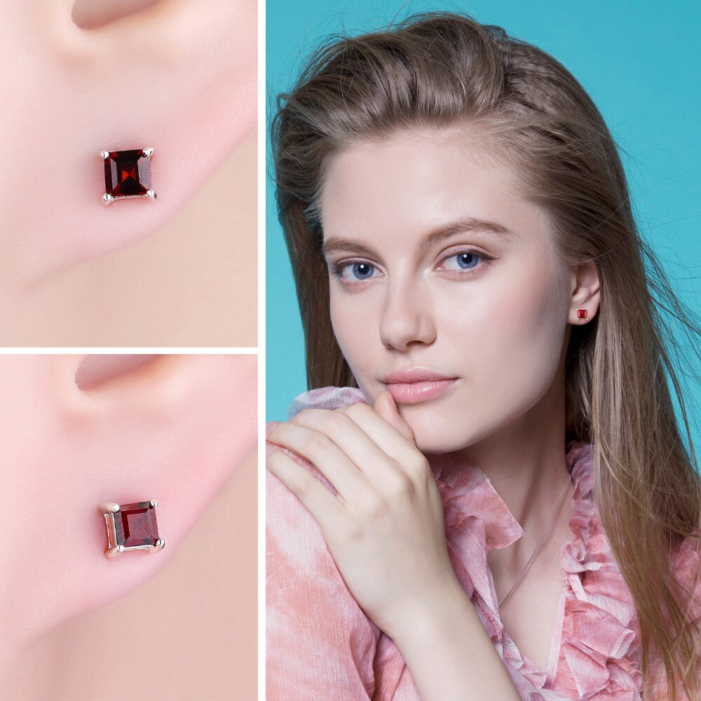 Jewelry Palace Square Genuine Princess Cut Red Garnet 925 Sterling Silver Stud Earrings for Women Earrings Fashion Jewelry