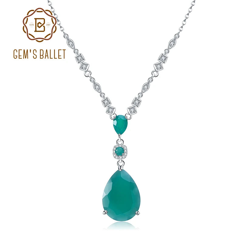 GEM'S BALLET 925 Sterling Silver Vintage Jewelry Natural Green Agate Gemstone Pendant Necklace for Women Wedding Fine Jewelry