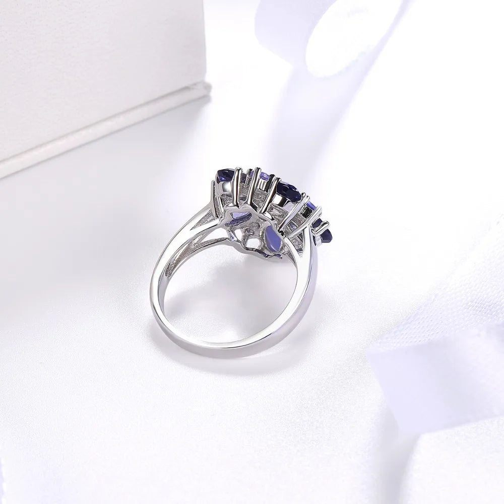 HUTANG Iolite Tanzanite Wedding Rings Natural Gemstone Accents 925 Sterling Silver Ring Fine Elegant Jewelry for Women's Gift