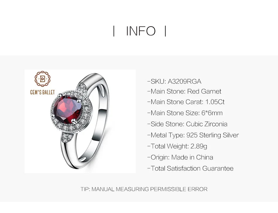 Anillo de granate rojo natural redondo de 1,05 quilates de GEM'S BALLET, plata de ley 925, anillos de boda clásicos para mujer, joyería fina