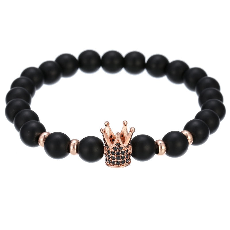 2022 Fashion Micro CZ King crown charm bracelet handmade stretch men&#39;s 8mm Copper beads women bracelet bangle jewelry BA-011RG