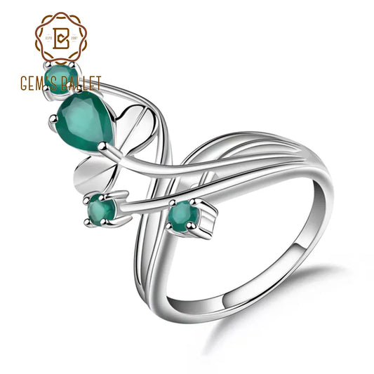Gem's Ballet 0.97Ct Natural Green Agate Gemstone Ring Solid 925 Sterling Silver Flower Ring For Women Wedding Fine Jewelry