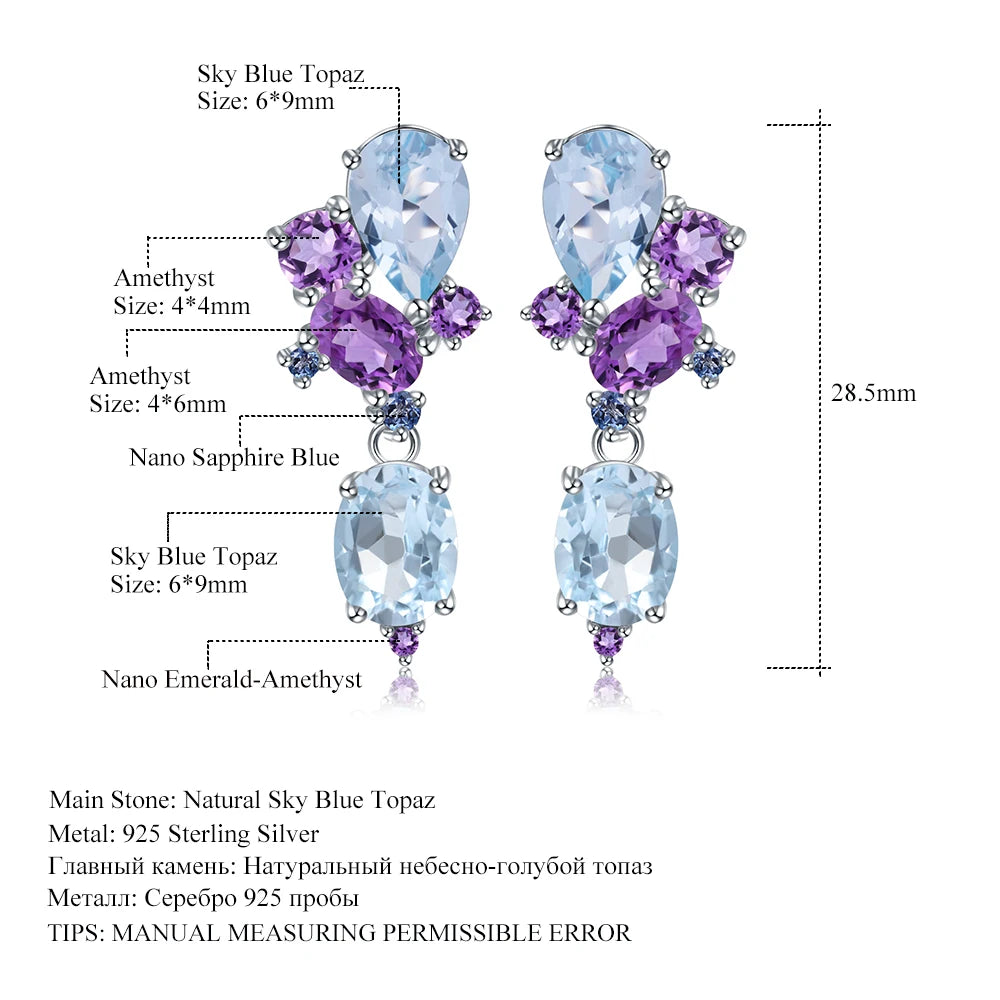 GEM'S BALLET 925 Sterling Silver Colorful Modern Irregular Earrings Natural Blue Topaz Amethyst Stud Earrings for Women Bijoux